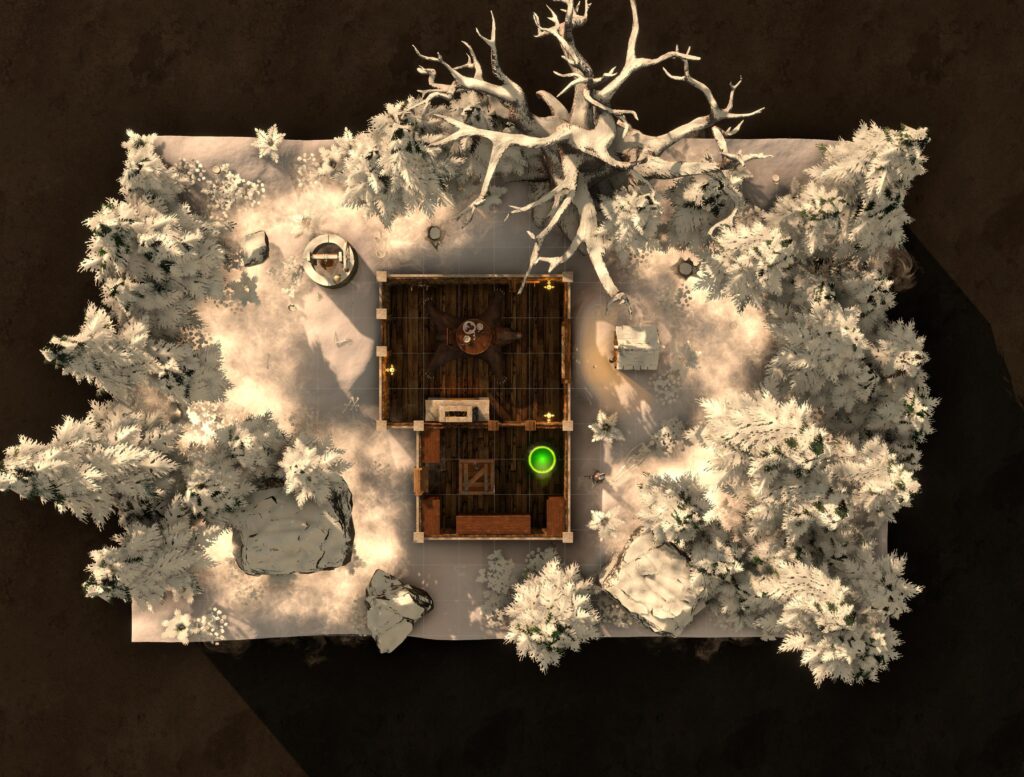 This is an image of a map created using Dungeon Alchemist. It depicts a simple cabin outfitted with a mystical glowing cauldron amidst a snowy forest. The surrounding area includes a well, outhouse, lanterns, a giant, dead oak tree, and some scattered bones--foreboding! 
